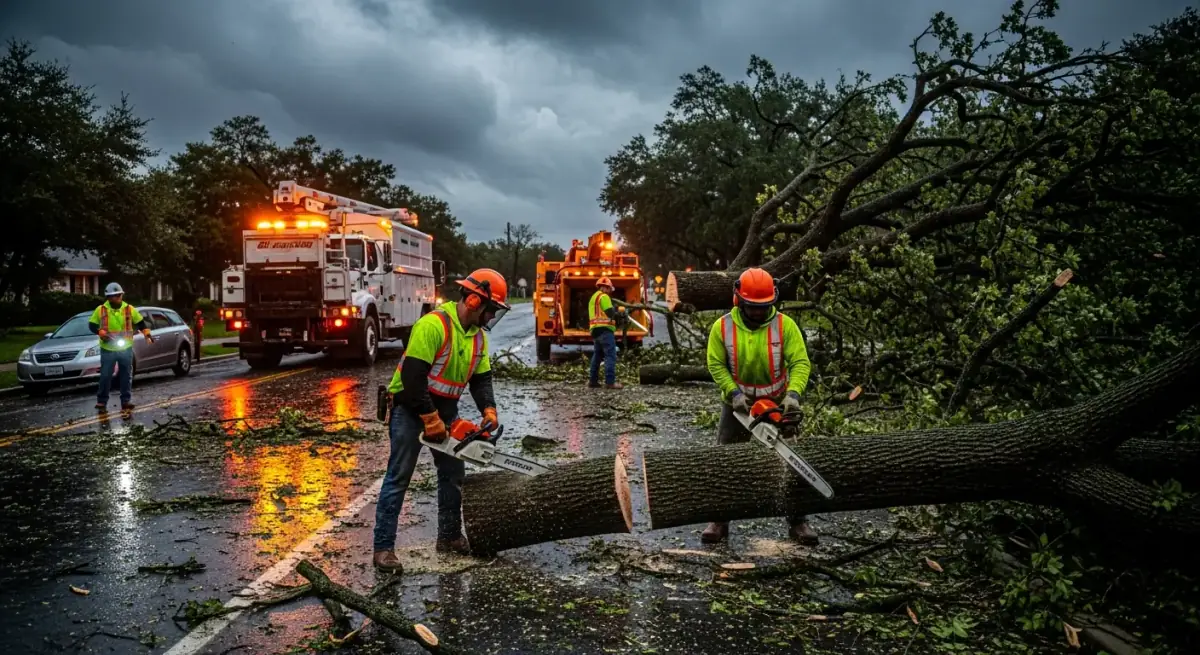 Emergency tree service crew responding to storm damage with a fallen tree