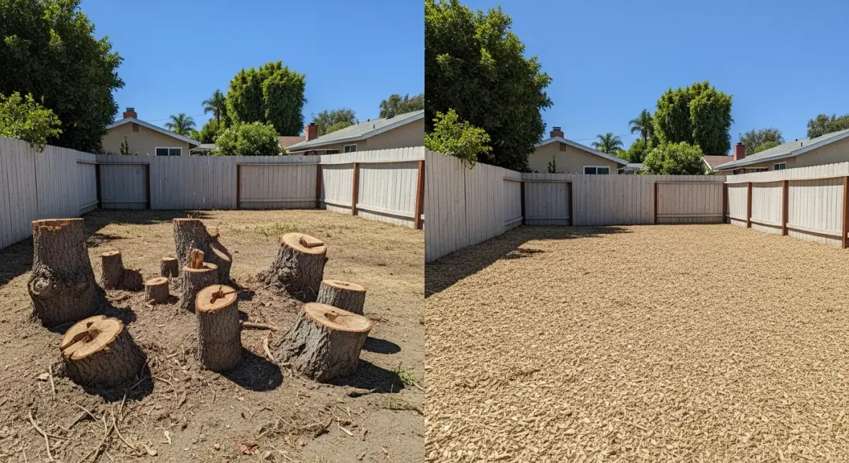 Multiple stumps removed from a backyard with clean mulch finish