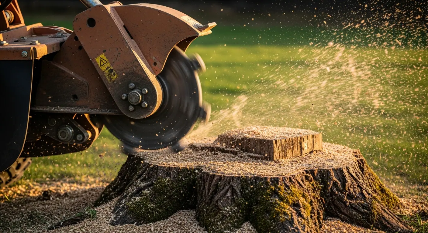 Close-up of professional stump grinding equipment cutting through a tree stump
