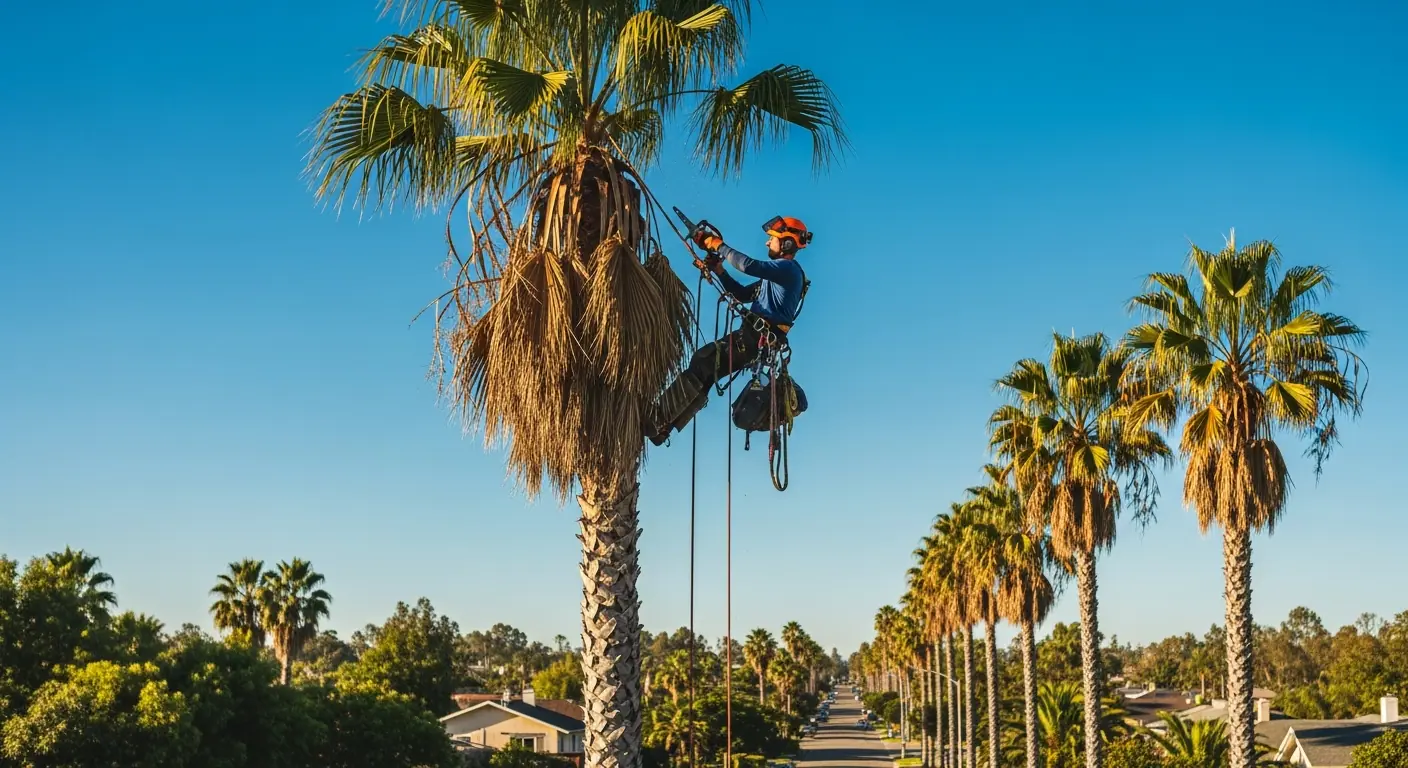Arborist safely trimming a tall palm tree in a California neighborhood