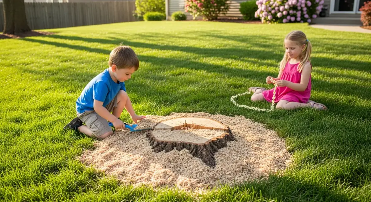 Freshly ground tree stump level with the lawn