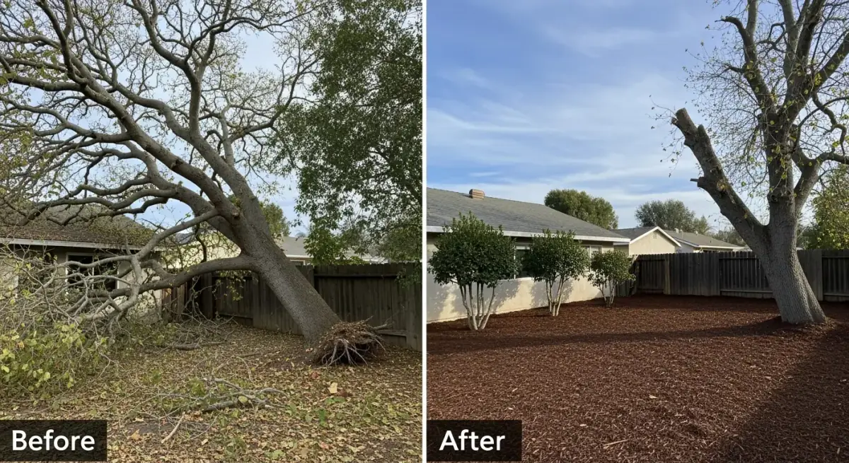Before and after tree removal showing a cleared and clean backyard