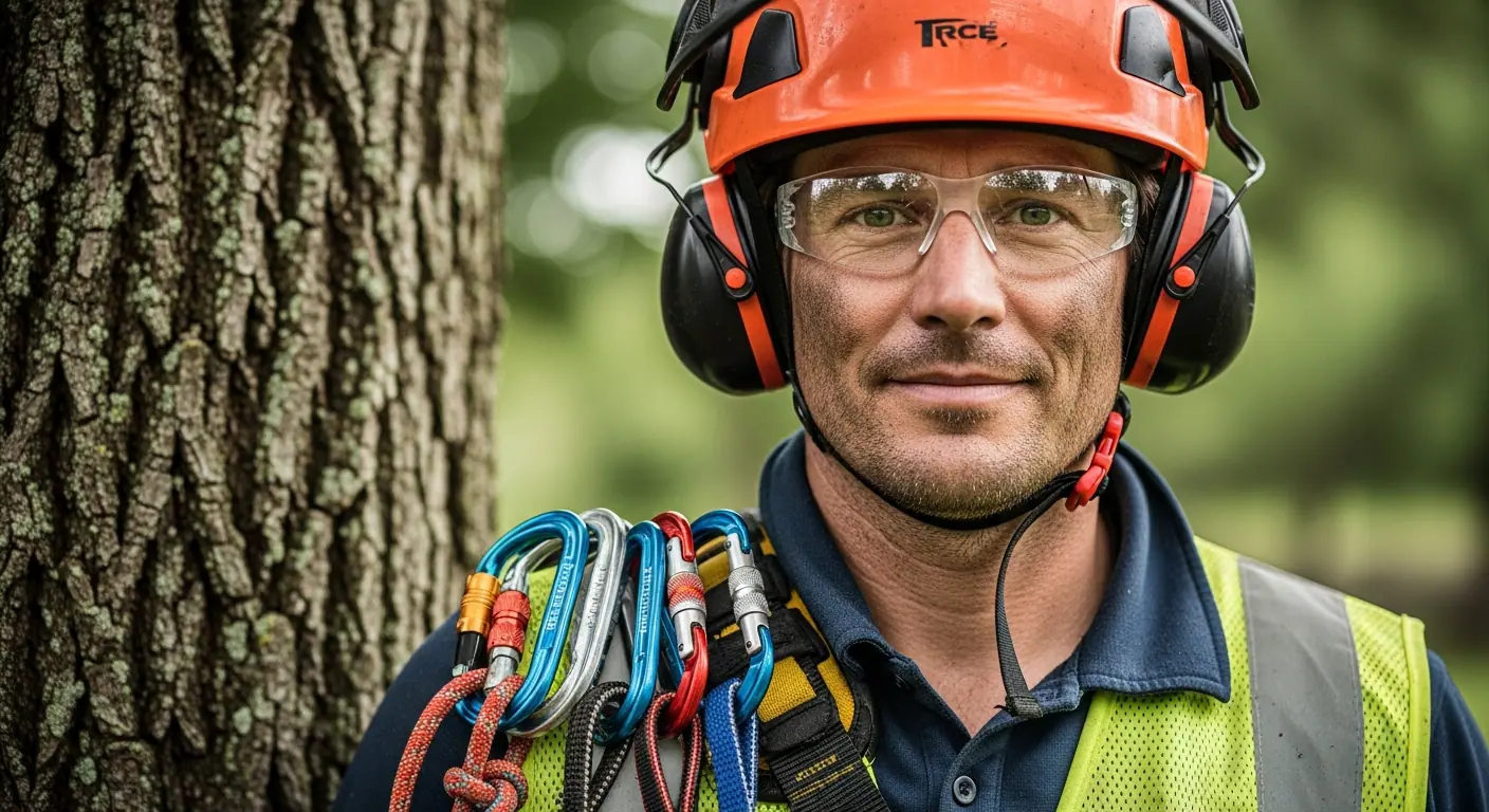 Professional arborist equipped with full safety gear including hard hat, ear protection, and climbing equipment