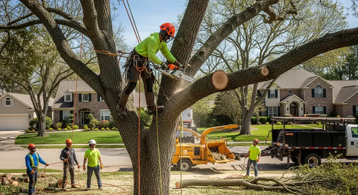 Arborist safely removing a large tree from a residential property