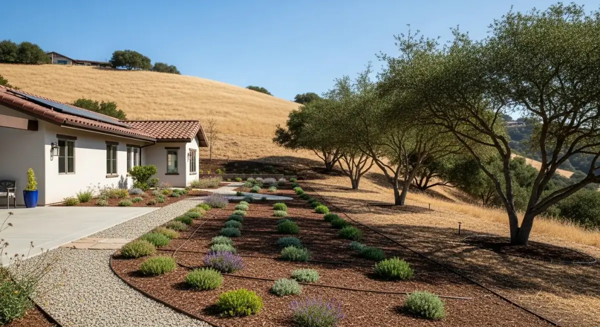 Well-maintained defensible space clearing around a California hillside property