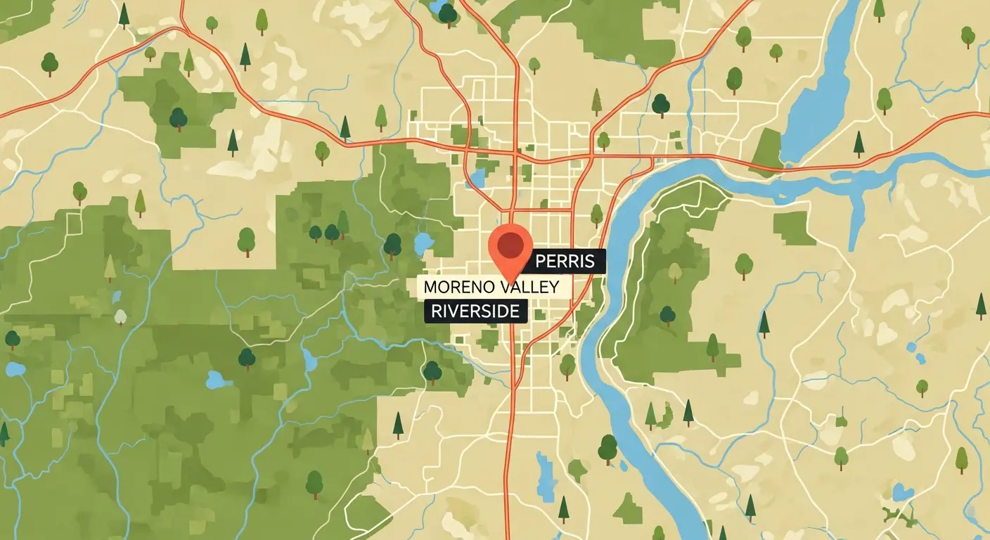 Map showing Giron Tree Life Service coverage area including Moreno Valley, Riverside, and Perris