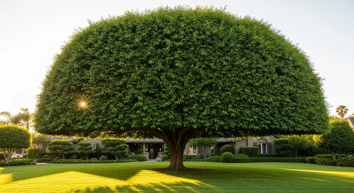 Beautifully shaped tree after professional trimming in a suburban front yard