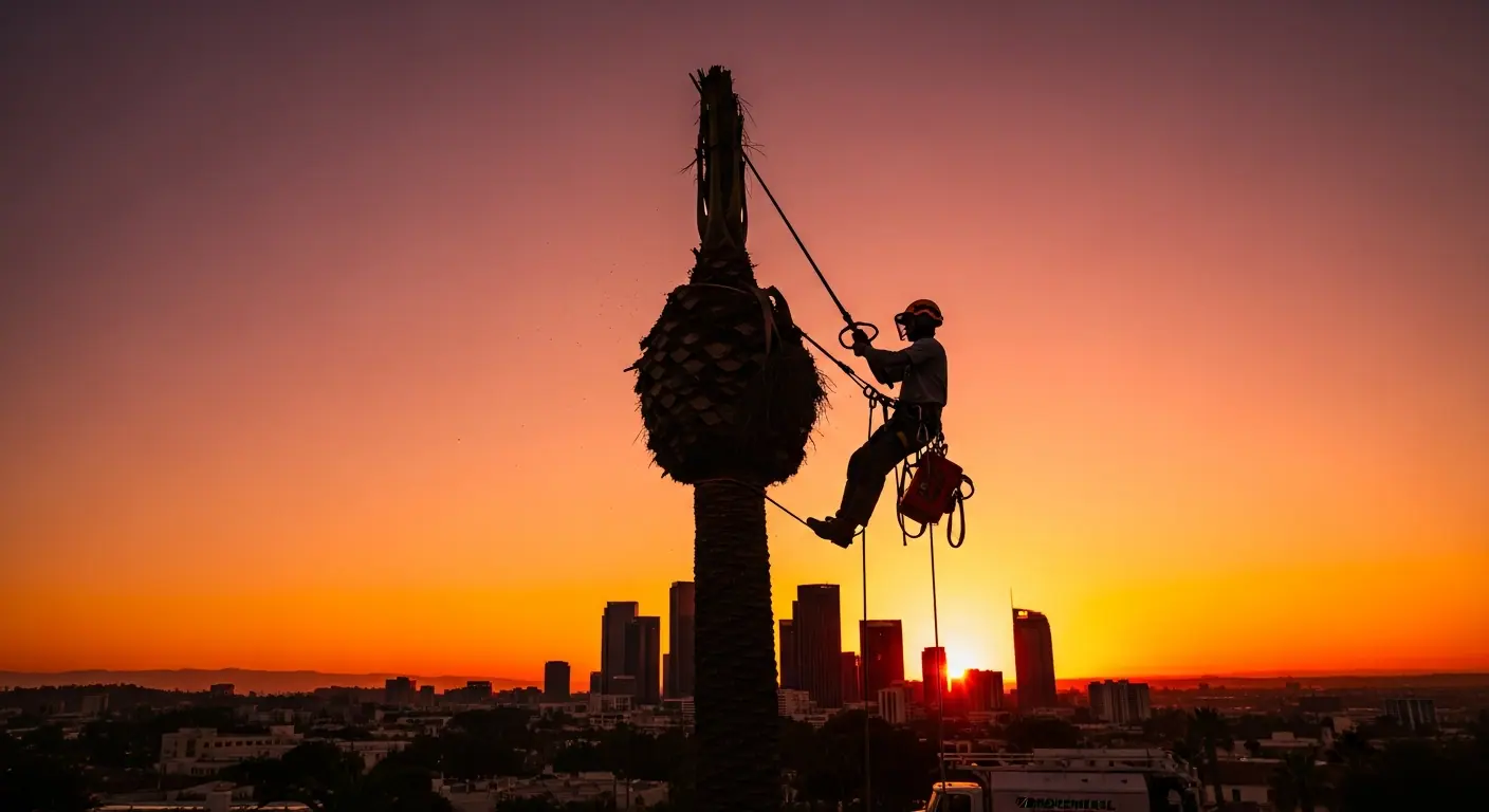 Worker trimming a tall palm tree at sunset in Southern California