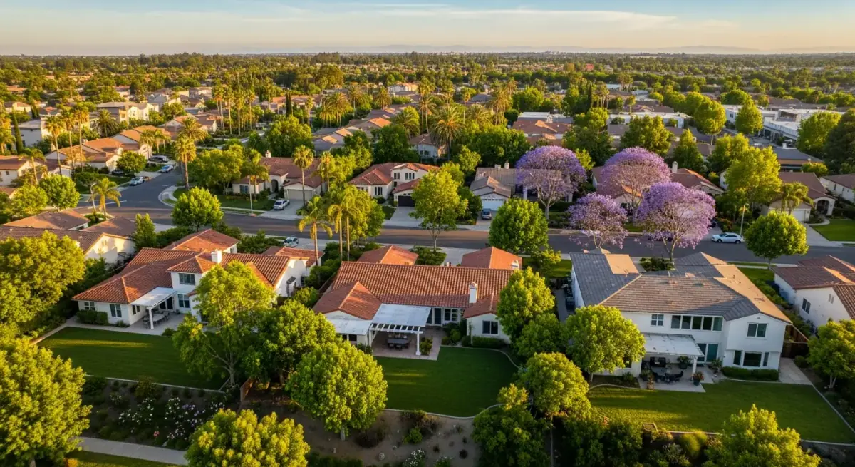 Aerial view of a tree-lined California neighborhood
