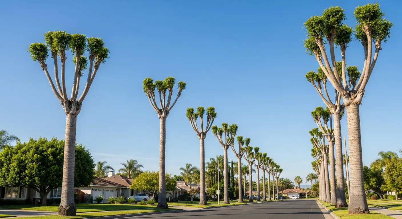 Row of freshly trimmed and skinned palm trees along a California street