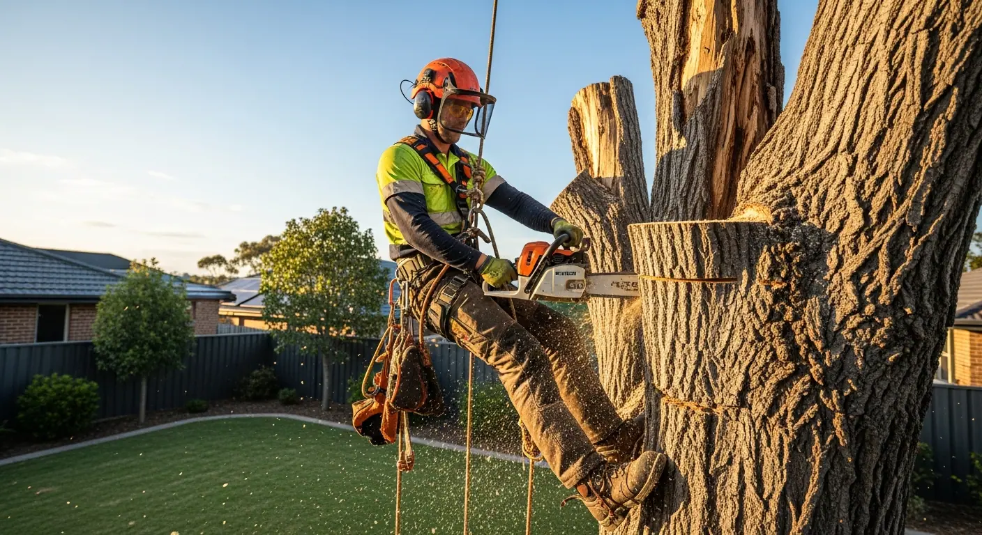 Arborist safely removing a large tree