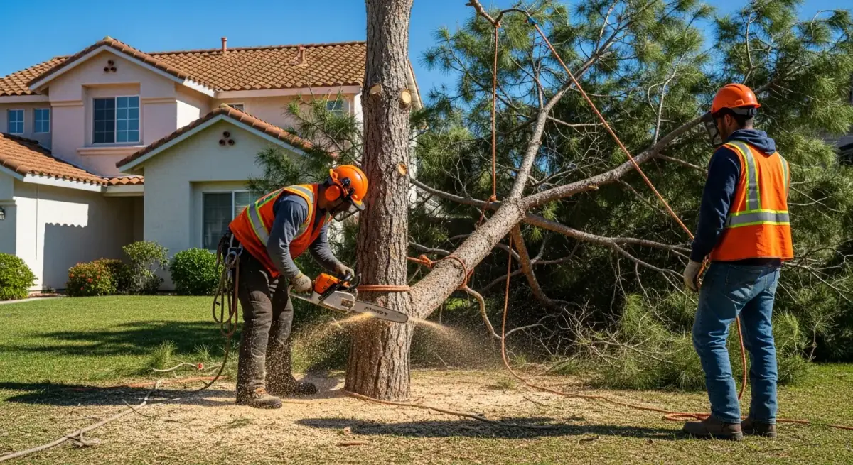 Tree removal crew removing a pine tree from a residential front yard in Southern California