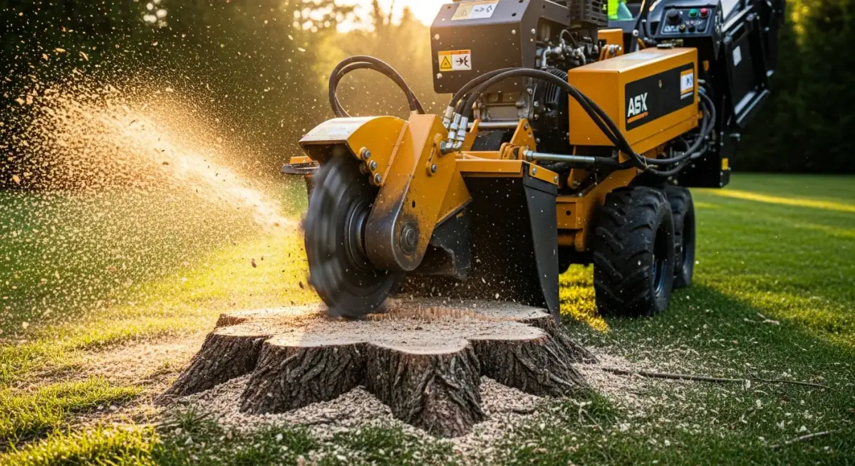 Stump grinding machine removing a tree stump from a residential lawn