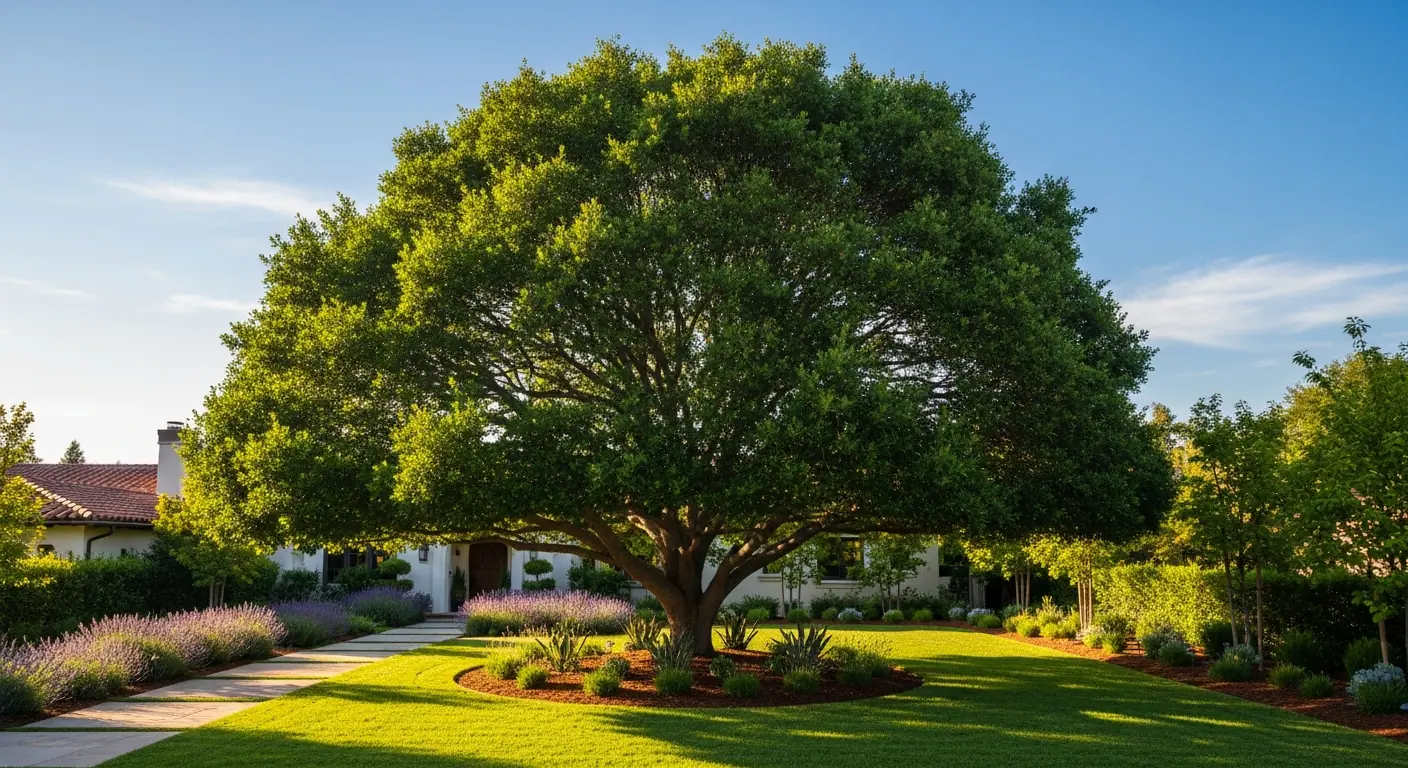 Beautifully shaped oak tree after professional trimming