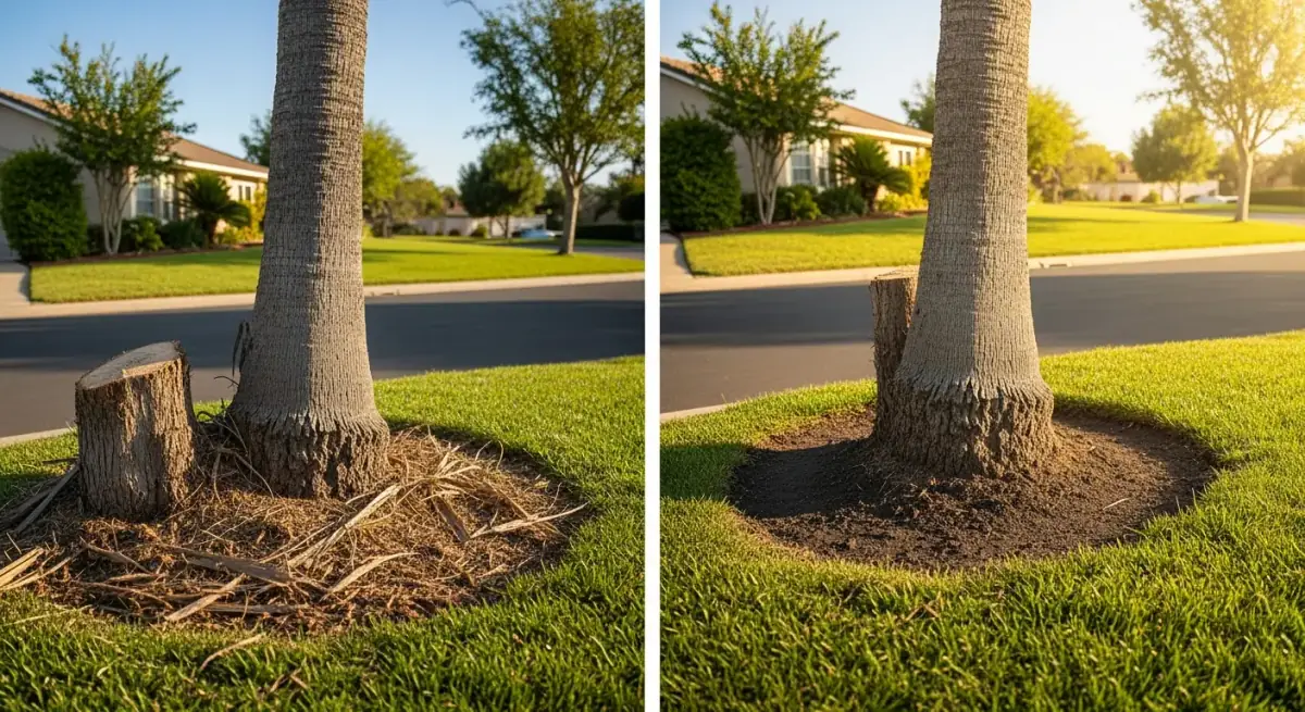 Palm tree stump ground down near a driveway