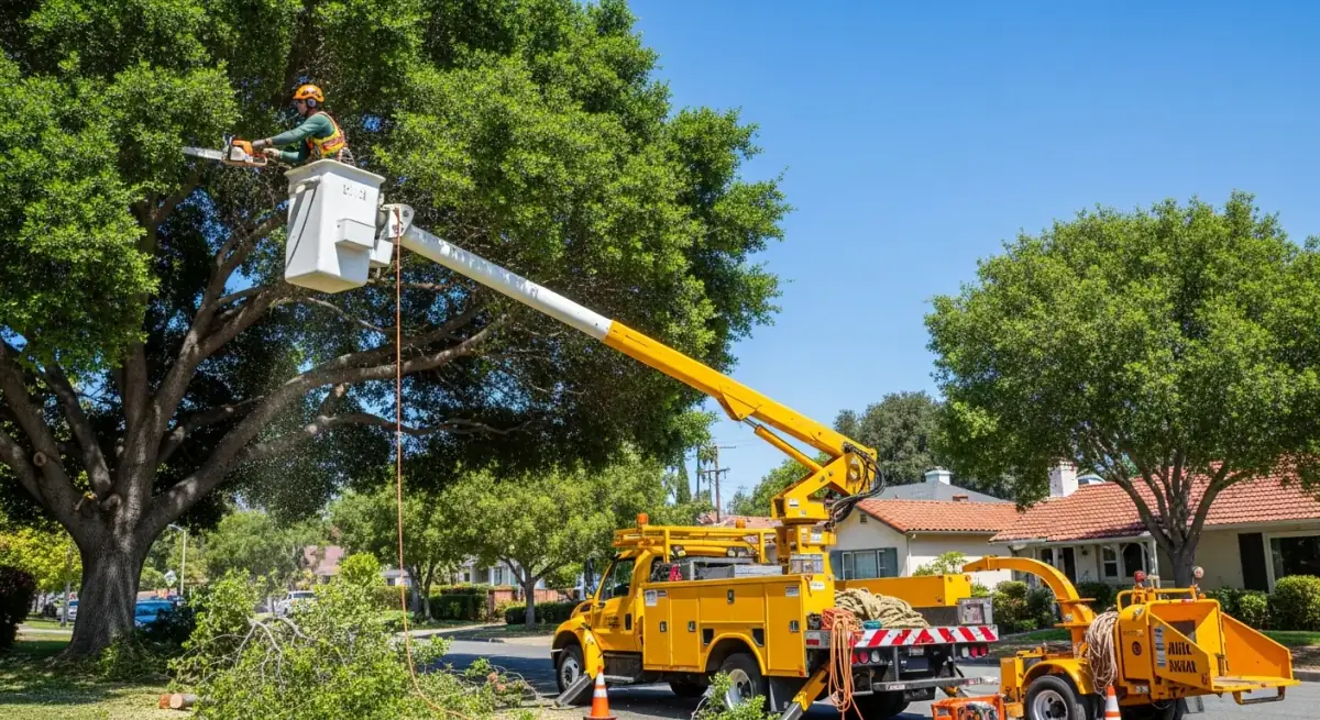 Tree trimming service using a bucket truck on a residential street