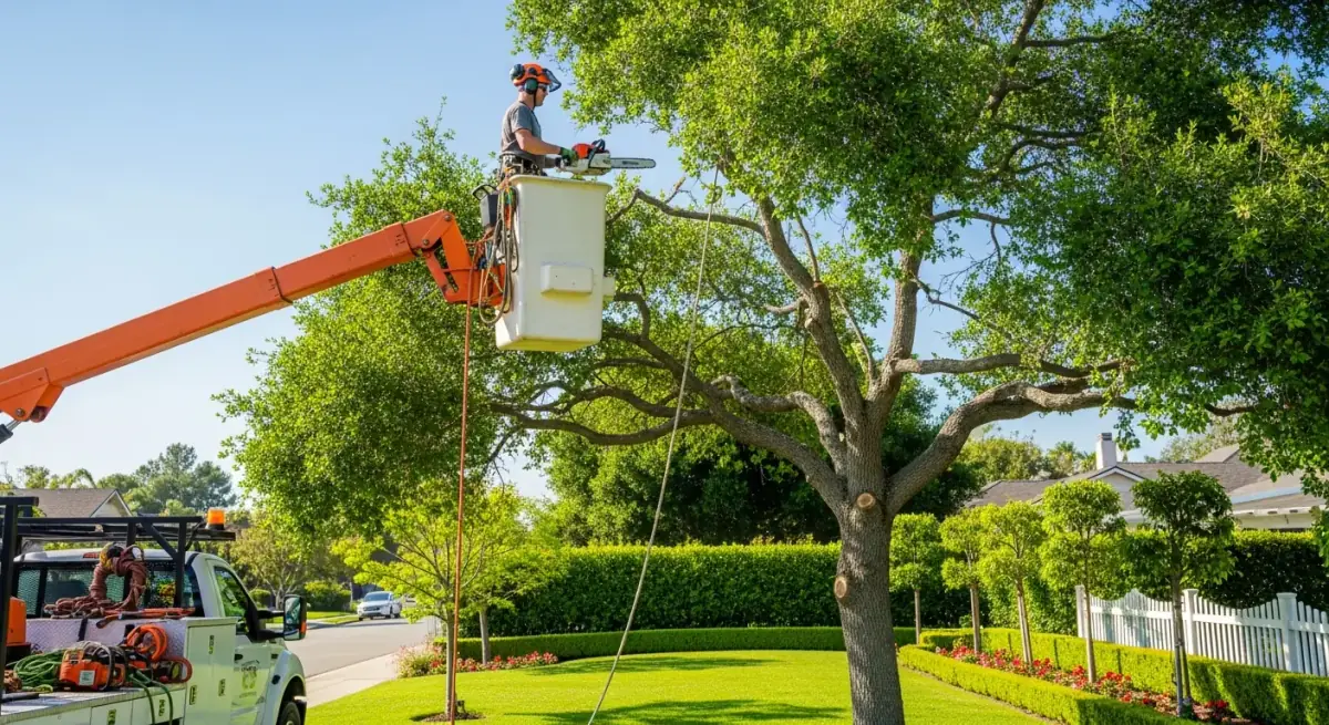 Professional tree trimming service on a mature tree in a suburban yard
